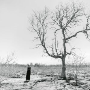 A solitary woman stands next to a barren tree in a vast, dry landscape.